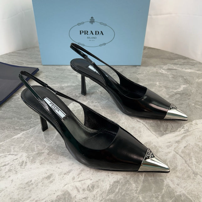 PRADA 25S METAL-TOE SLINGBACK PUMPS IN BLACK CALFSKIN