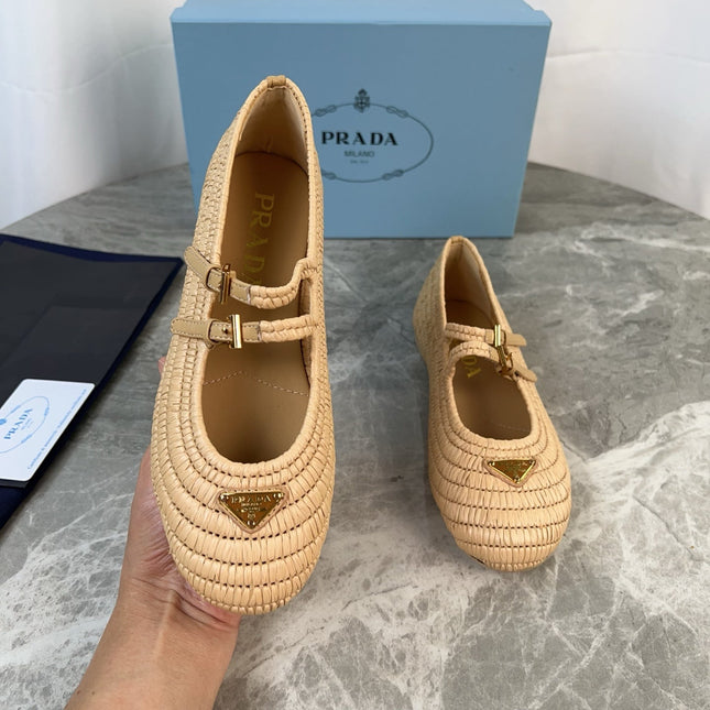 PRADA 25S BALLET FLAT IN NATURAL RAFFIA AND CALFSKIN