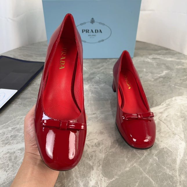 PRADA 25S LOW HEELS SLIP ON BOW 45MM IN DARK WINE RED GLOSSY CALFSKIN