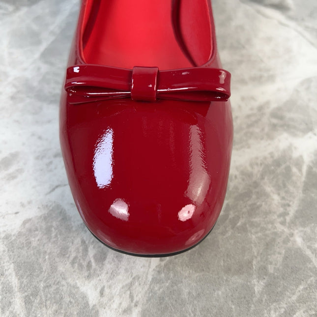 PRADA 25S LOW HEELS SLIP ON BOW 45MM IN DARK WINE RED GLOSSY CALFSKIN