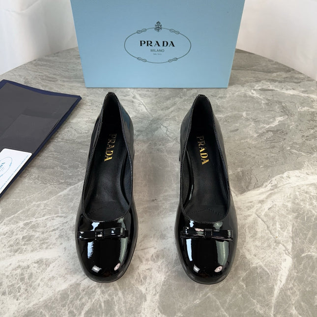 PRADA 25S LOW HEELS SLIP ON BOW 45MM IN BLACK GLOSSY CALFSKIN