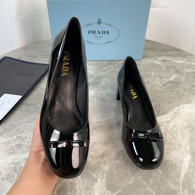 PRADA 25S LOW HEELS SLIP ON BOW 45MM IN BLACK GLOSSY CALFSKIN