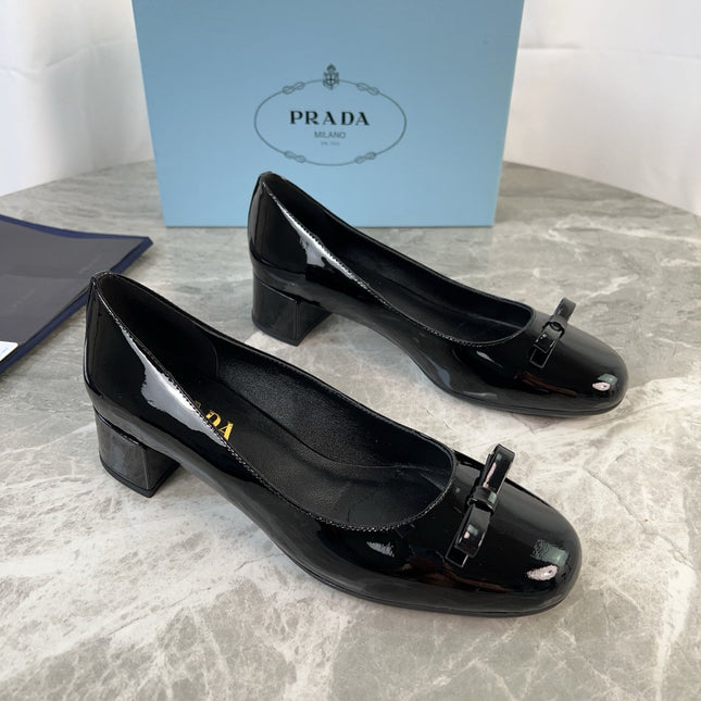 PRADA 25S LOW HEELS SLIP ON BOW 45MM IN BLACK GLOSSY CALFSKIN