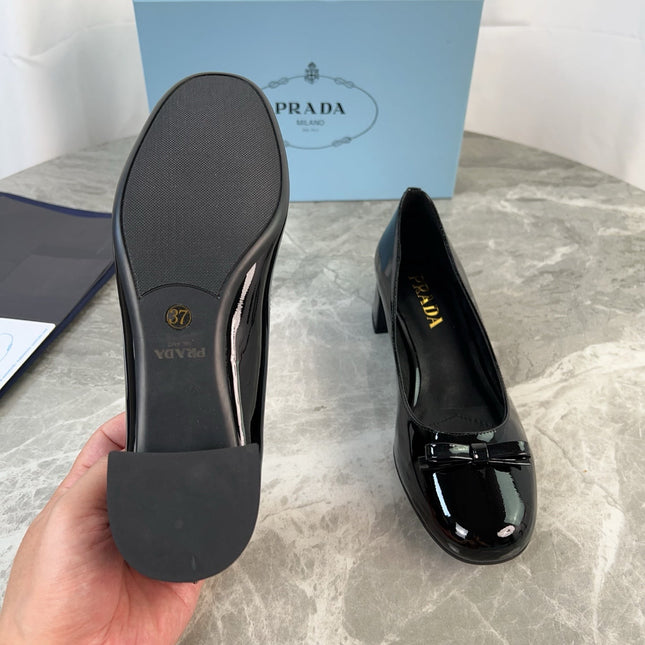 PRADA 25S LOW HEELS SLIP ON BOW 45MM IN BLACK GLOSSY CALFSKIN