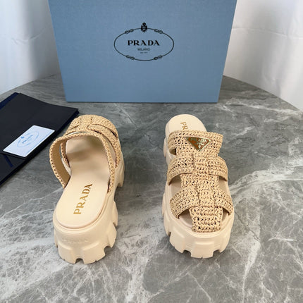 PRADA 25S MONOLITH RUBBER MULES IN BEIGE RAFFIA AND LAMBSKIN