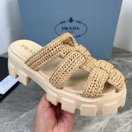 PRADA 25S MONOLITH RUBBER MULES IN BEIGE RAFFIA AND LAMBSKIN