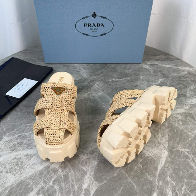 PRADA 25S MONOLITH RUBBER MULES IN BEIGE RAFFIA AND LAMBSKIN