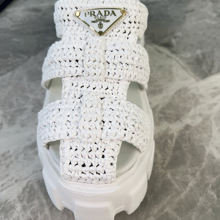 PRADA 25S MONOLITH RUBBER MULES IN WHITE RAFFIA AND LAMBSKIN