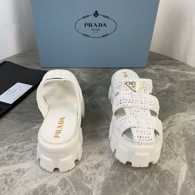 PRADA 25S MONOLITH RUBBER MULES IN WHITE RAFFIA AND LAMBSKIN