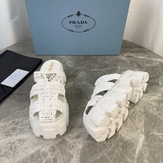 PRADA 25S MONOLITH RUBBER MULES IN WHITE RAFFIA AND LAMBSKIN