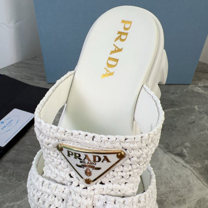 PRADA 25S MONOLITH RUBBER MULES IN WHITE RAFFIA AND LAMBSKIN