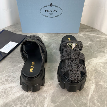 PRADA 25S MONOLITH RUBBER MULES IN BLACK RAFFIA AND LAMBSKIN