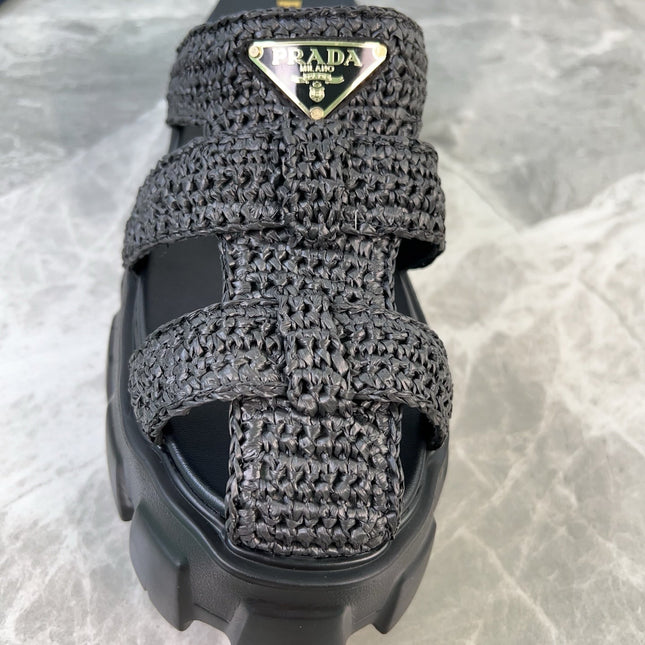 PRADA 25S MONOLITH RUBBER MULES IN BLACK RAFFIA AND LAMBSKIN