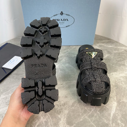 PRADA 25S MONOLITH RUBBER MULES IN BLACK RAFFIA AND LAMBSKIN