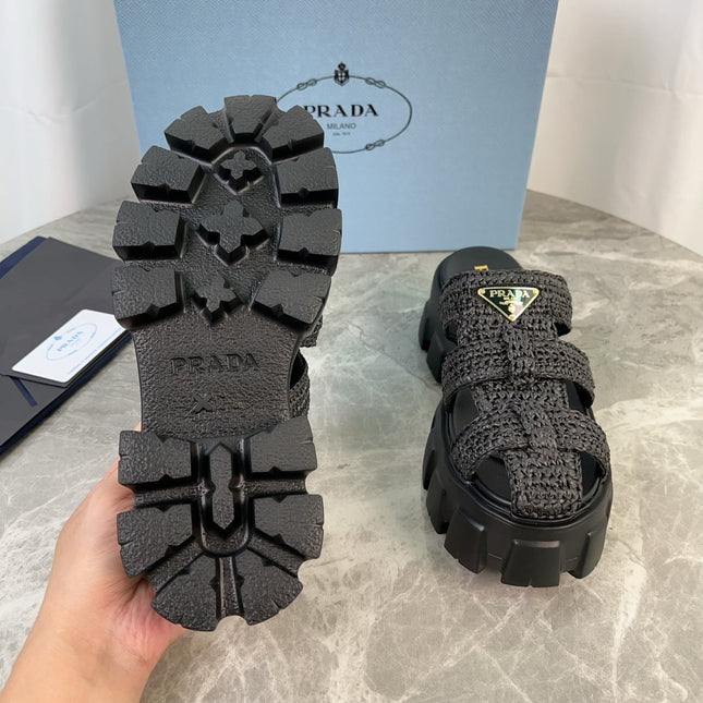 PRADA 25S MONOLITH RUBBER MULES IN BLACK RAFFIA AND LAMBSKIN