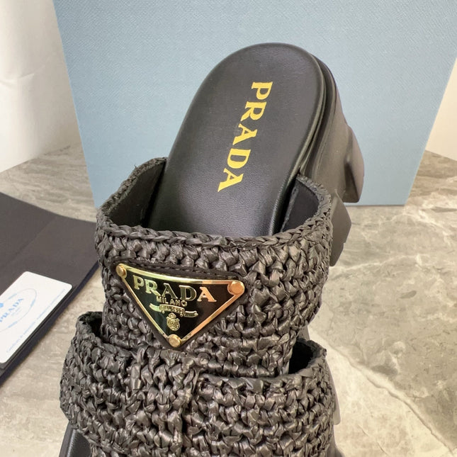 PRADA 25S MONOLITH RUBBER MULES IN BLACK RAFFIA AND LAMBSKIN