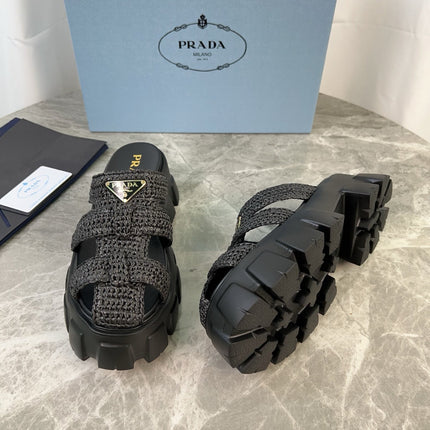 PRADA 25S MONOLITH RUBBER MULES IN BLACK RAFFIA AND LAMBSKIN