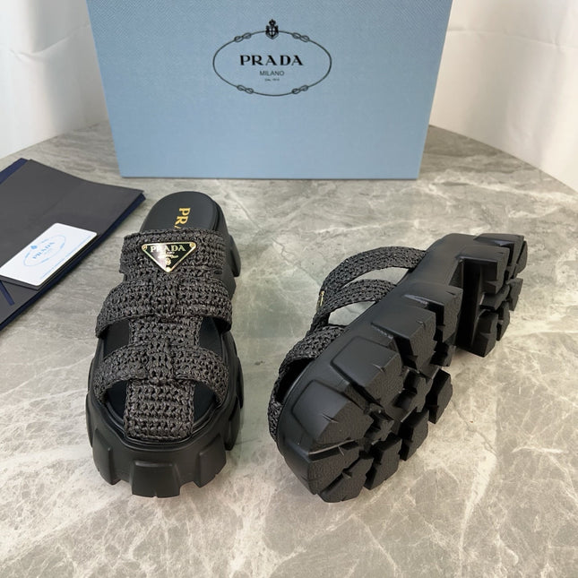 PRADA 25S MONOLITH RUBBER MULES IN BLACK RAFFIA AND LAMBSKIN