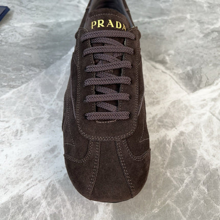 PRADA 25S MONTECARLO ANTIQUED SNEAKERS IN DARK BROWN SUEDE