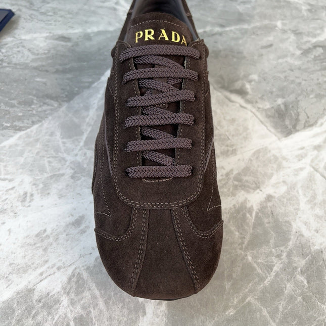 PRADA 25S MONTECARLO ANTIQUED SNEAKERS IN DARK BROWN SUEDE