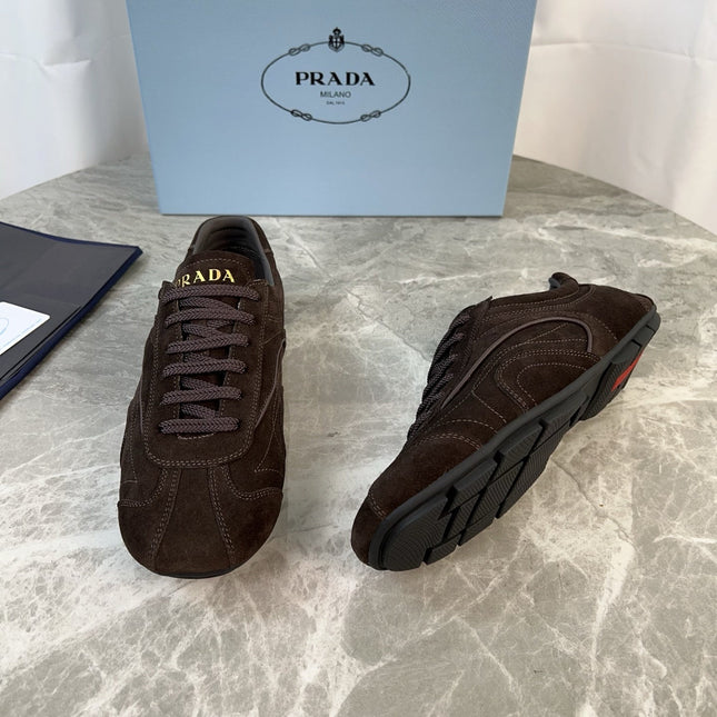 PRADA 25S MONTECARLO ANTIQUED SNEAKERS IN DARK BROWN SUEDE