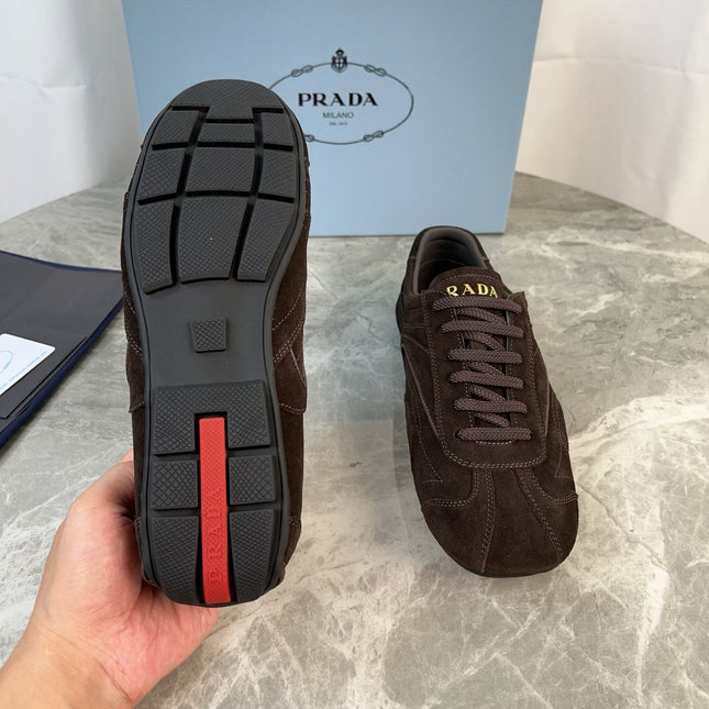 PRADA 25S MONTECARLO ANTIQUED SNEAKERS IN DARK BROWN SUEDE