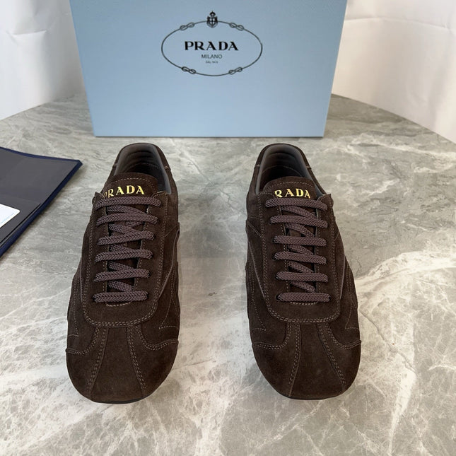 PRADA 25S MONTECARLO ANTIQUED SNEAKERS IN DARK BROWN SUEDE