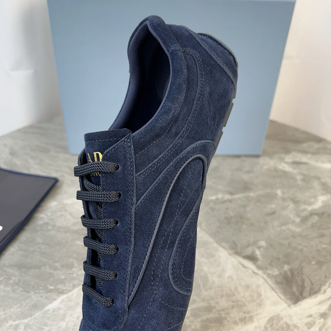 PRADA 25S MONTECARLO ANTIQUED SNEAKERS IN NAVY BLUE SUEDE