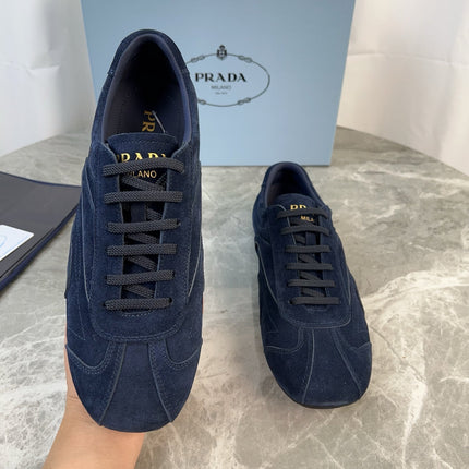 PRADA 25S MONTECARLO ANTIQUED SNEAKERS IN NAVY BLUE SUEDE