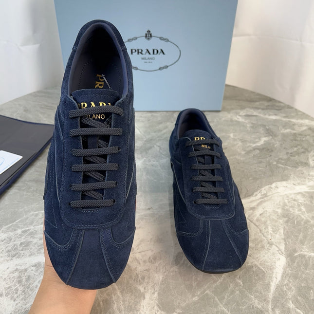 PRADA 25S MONTECARLO ANTIQUED SNEAKERS IN NAVY BLUE SUEDE