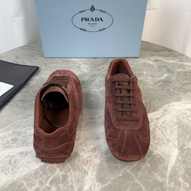 PRADA 25S MONTECARLO ANTIQUED SNEAKERS IN MAHOGANY BROWN SUEDE
