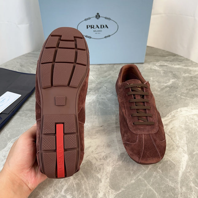 PRADA 25S MONTECARLO ANTIQUED SNEAKERS IN MAHOGANY BROWN SUEDE