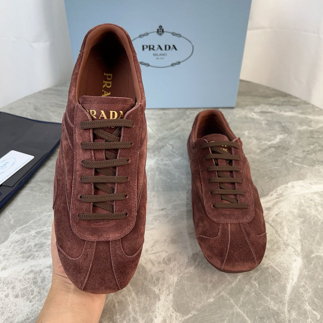 PRADA 25S MONTECARLO ANTIQUED SNEAKERS IN MAHOGANY BROWN SUEDE