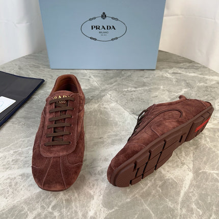 PRADA 25S MONTECARLO ANTIQUED SNEAKERS IN MAHOGANY BROWN SUEDE