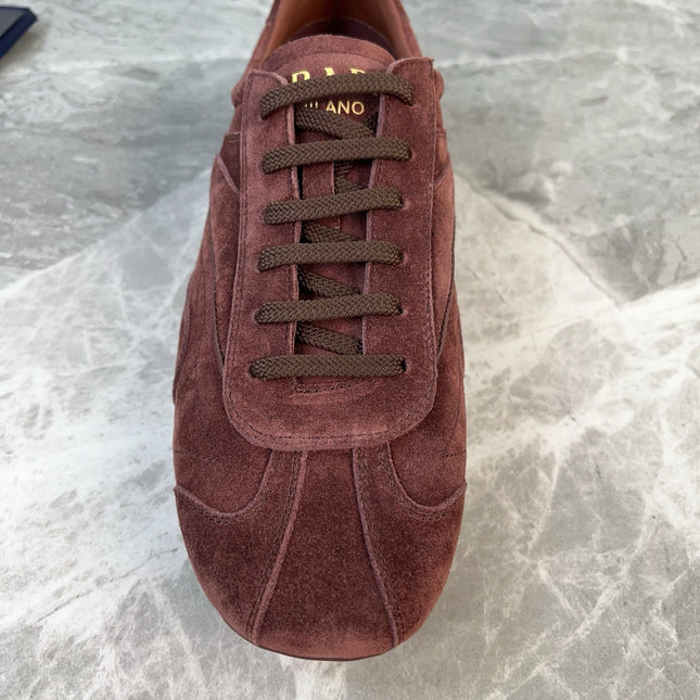 PRADA 25S MONTECARLO ANTIQUED SNEAKERS IN MAHOGANY BROWN SUEDE