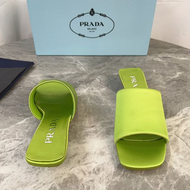PRADA 25S TRIANGLE HEEL SANDALS 35MM IN LIME YELLOW SATIN