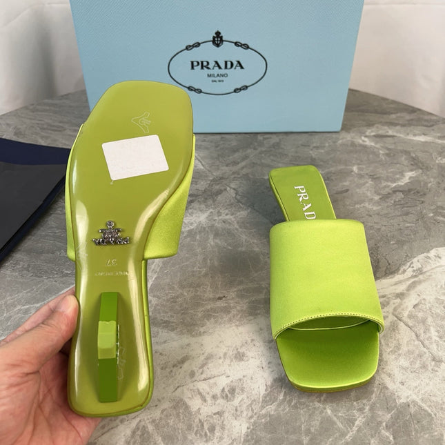 PRADA 25S TRIANGLE HEEL SANDALS 35MM IN LIME YELLOW SATIN