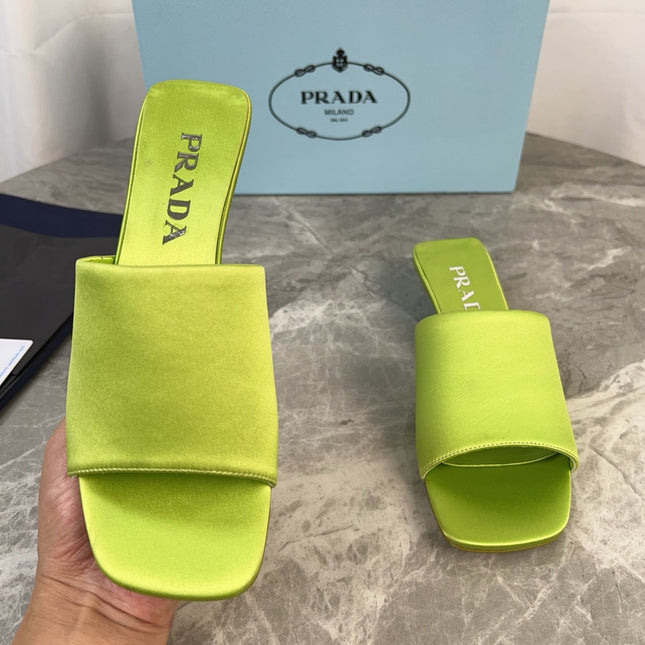 PRADA 25S TRIANGLE HEEL SANDALS 35MM IN LIME YELLOW SATIN