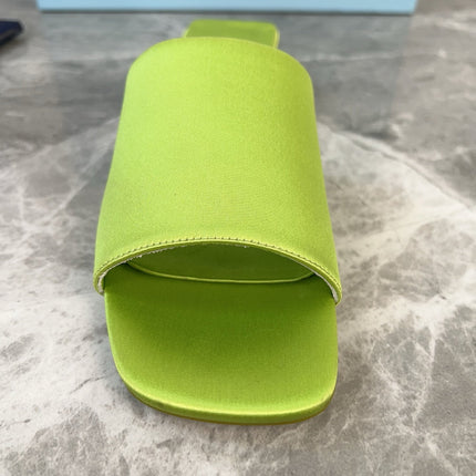 PRADA 25S TRIANGLE HEEL SANDALS 35MM IN LIME YELLOW SATIN