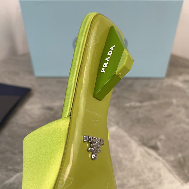 PRADA 25S TRIANGLE HEEL SANDALS 35MM IN LIME YELLOW SATIN