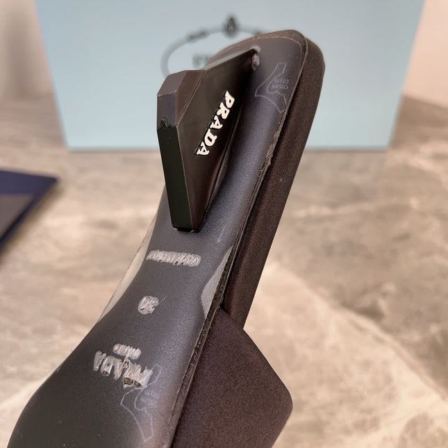 PRADA 25S TRIANGLE HEEL SANDALS 35MM IN BLACK SATIN