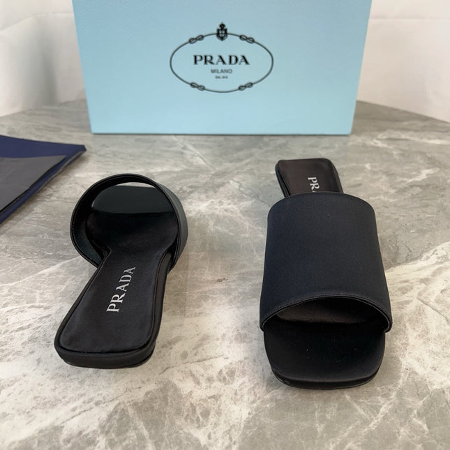 PRADA 25S TRIANGLE HEEL SANDALS 35MM IN BLACK SATIN