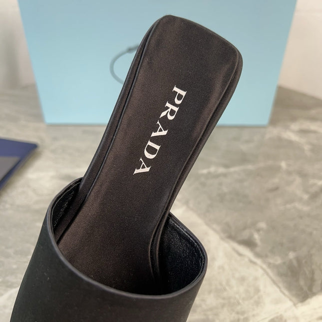 PRADA 25S TRIANGLE HEEL SANDALS 35MM IN BLACK SATIN