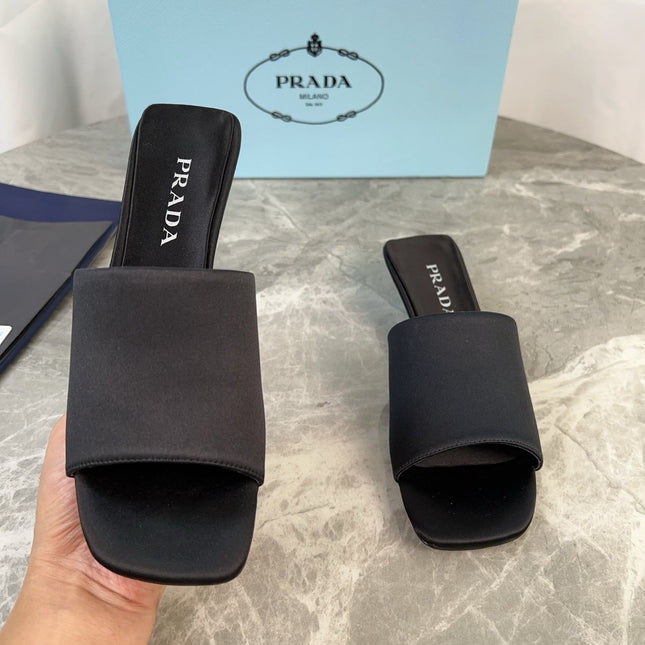 PRADA 25S TRIANGLE HEEL SANDALS 35MM IN BLACK SATIN