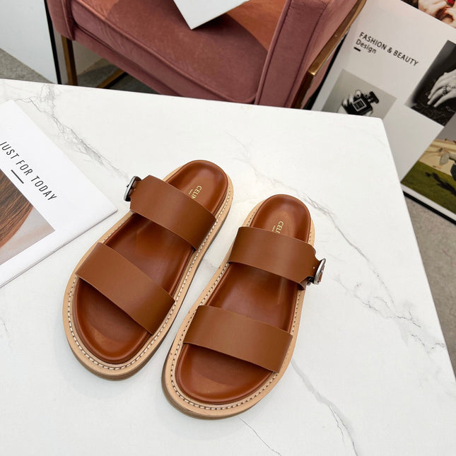 TWO-STRAP SANDALS IN BRONZE BROWN CALFSKIN