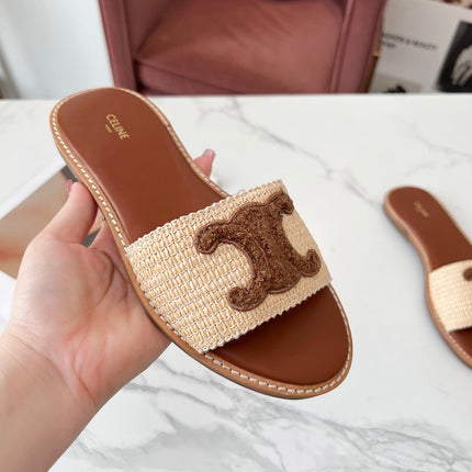 LYMPIA MULE BEIGE RAFFIA AND BROWN WOOL LOGO
