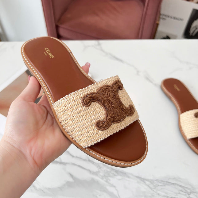 LYMPIA MULE BEIGE RAFFIA AND BROWN WOOL LOGO