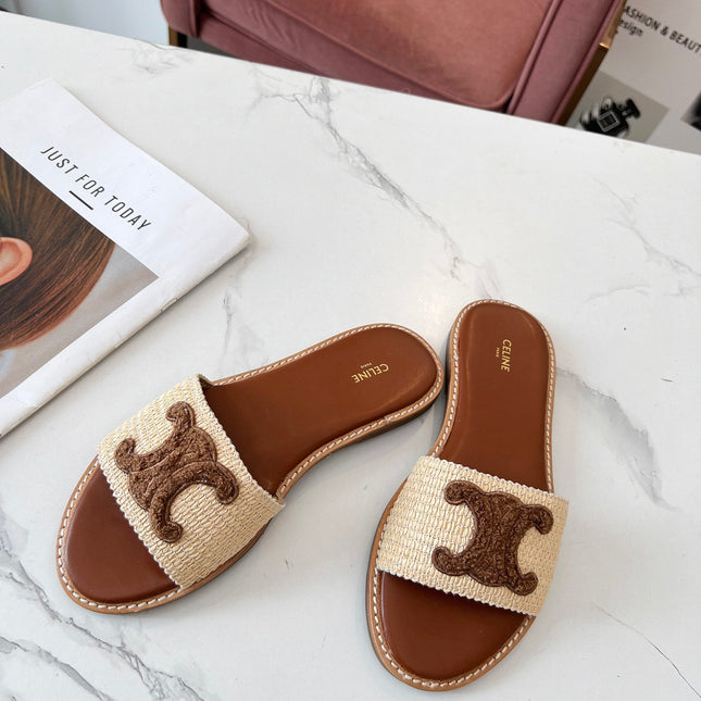 LYMPIA MULE BEIGE RAFFIA AND BROWN WOOL LOGO