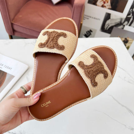LYMPIA MULE BEIGE RAFFIA AND BROWN WOOL LOGO