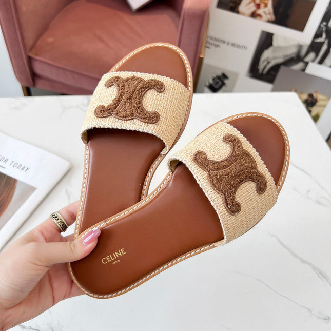 LYMPIA MULE BEIGE RAFFIA AND BROWN WOOL LOGO